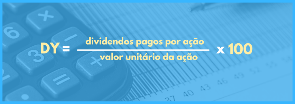 Dividend yield: Fórmula descrita por DY igual a dividendos pagos por ação dividido por valor unitário da ação, multiplicado por cem.