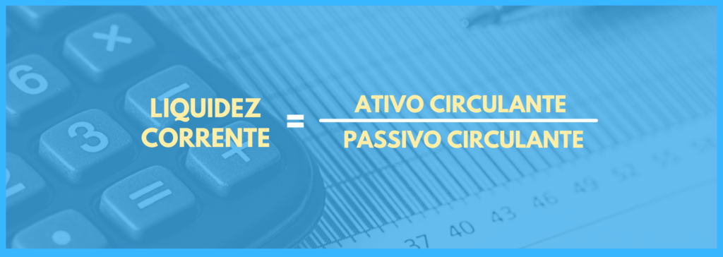 Vemos uma imagem com uma equação que é: liquidez corrente é igual a ativo circulante dividido por passivo circulante