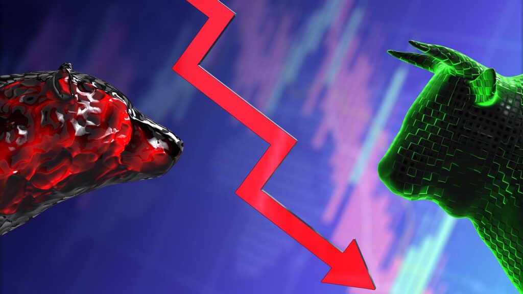 A imagem mostra um urso (bear market) e um touro (bull market) se enfrentando. Entre eles, tem uma seta enviesada em sentido para baixo