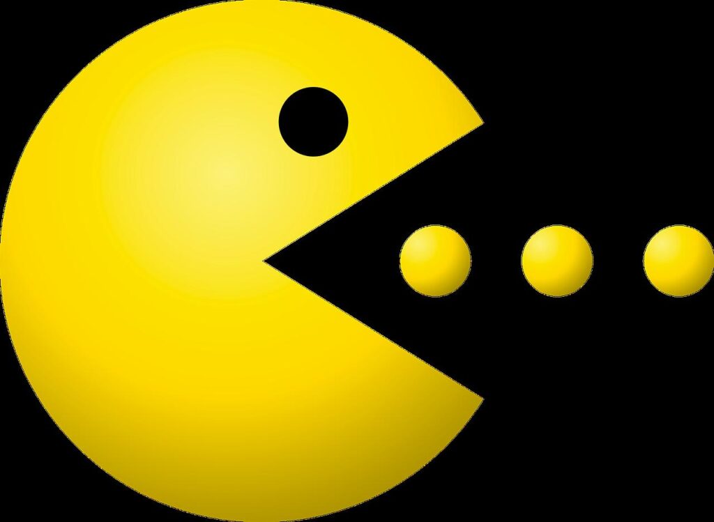 Emoji do Pacman em amarelo engolindo bolinhas amarelas, representando o come-cotas