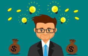 Desenho de um executivo com dois sacos de dinheiro ao seu lado e lâmpadas sinalizando ideias para melhorar a gestão ativa de um fundo de investimento