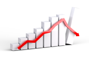 Gráficos de barras com a última barra em queda e uma seta vermelha que começa crescente e termina decrescente para sinalizar a volatilidade