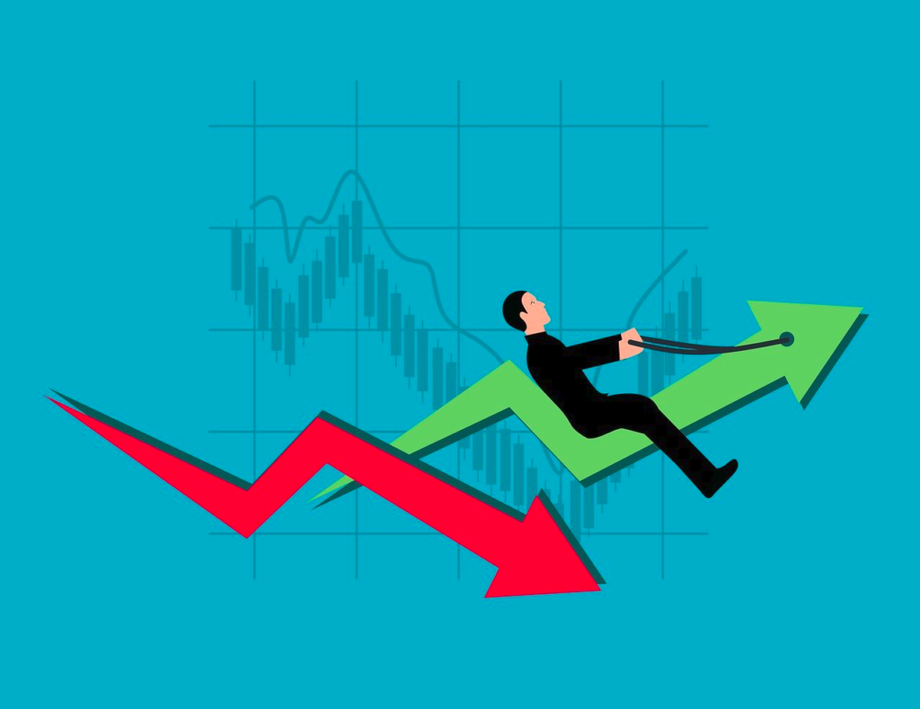 Plano cartesiano com uma seta vermelha decrescente e uma seta verde crescente com um executivo mostrando que usa a volatilidade a seu favor